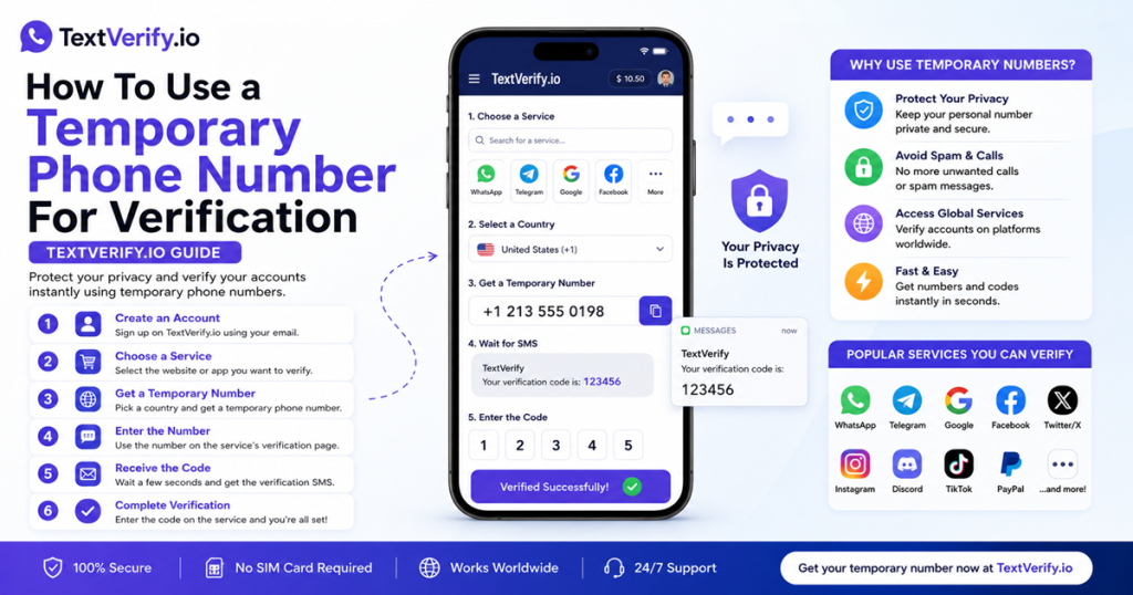 How To Use a Temporary Phone Number For Verification — TextVerify.io Guide infographic banner showing step-by-step instructions for getting a temporary number, receiving SMS codes, and verifying online accounts securely without using a personal phone number.