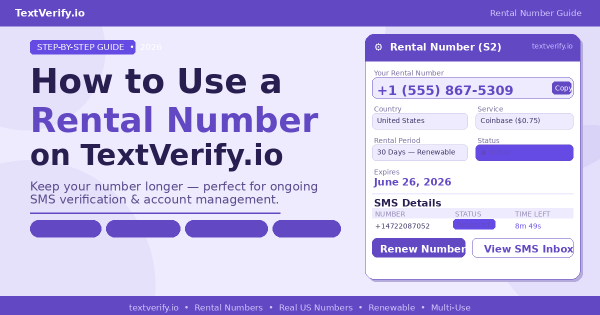 Step-by-step tutorial showing how to rent and use a temporary phone number on TextVerify.io for SMS verification and online account registration.
