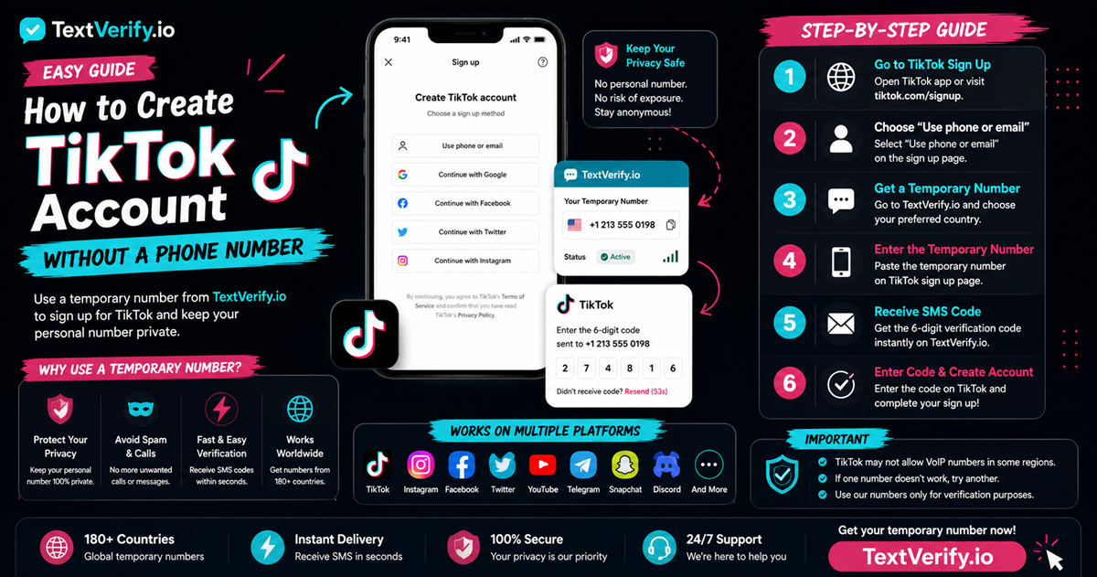 How to Create a TikTok Account Without a Phone Number using a temporary SMS verification number from TextVerify.io.