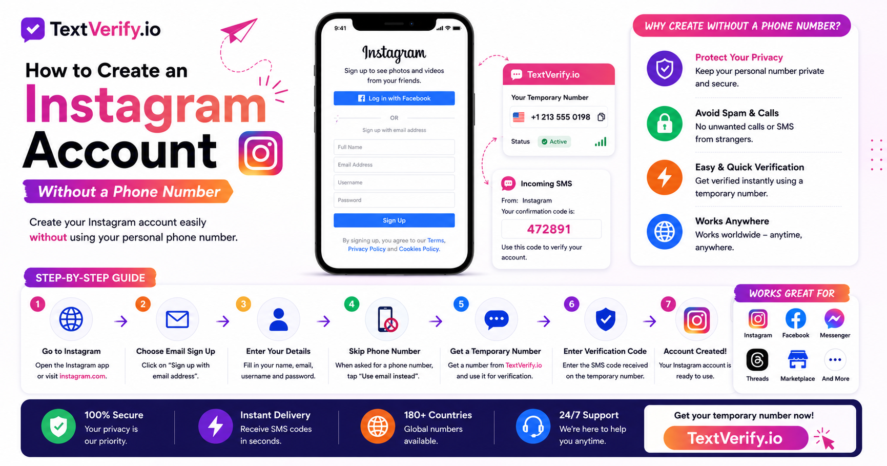 How to Create an Instagram Account Without a Phone Number using a secure temporary SMS verification number from TextVerify.io.