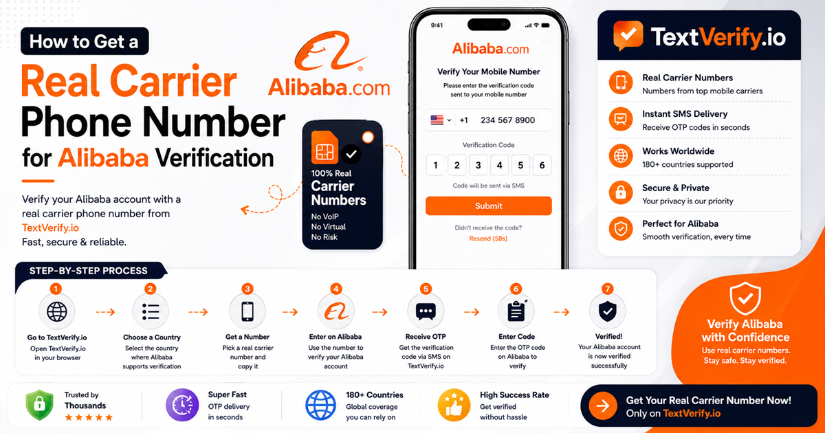 How to Get a Real Carrier Phone Number for Alibaba Verification using trusted non-VoIP numbers from TextVerify.io.
