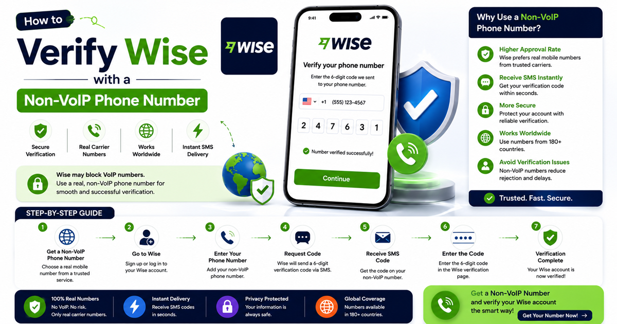 How to Verify Wise with a Non-VoIP Phone Number using trusted SMS verification numbers from TextVerify.io.