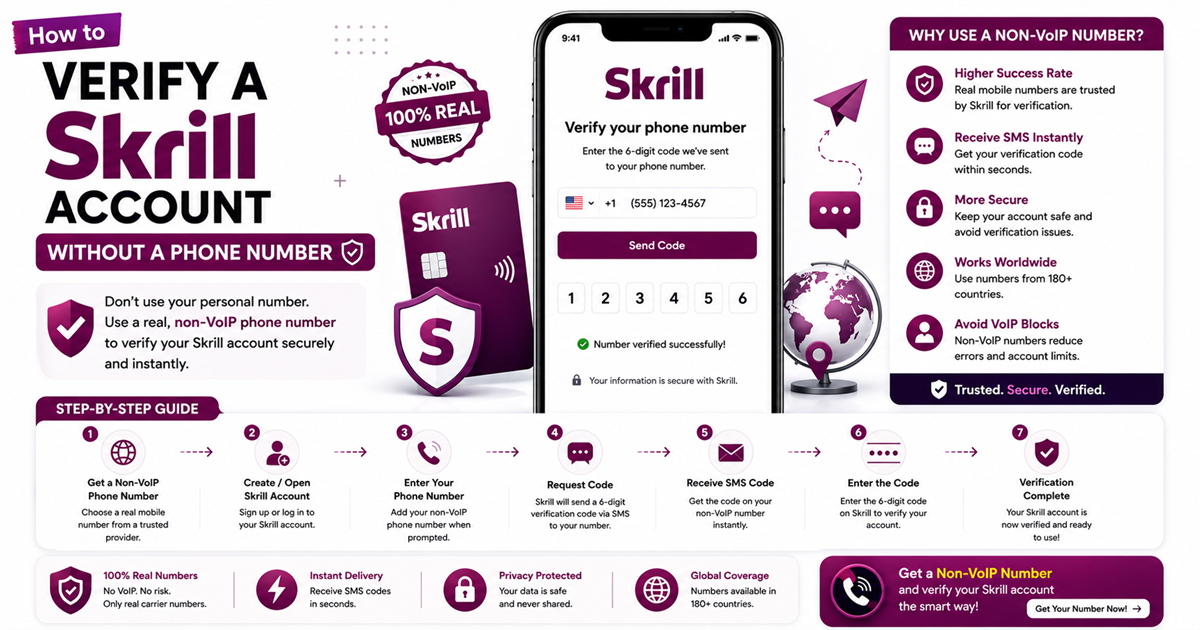 How to Verify a Skrill Account Without a Phone Number using a secure temporary SMS verification number from TextVerify.io.