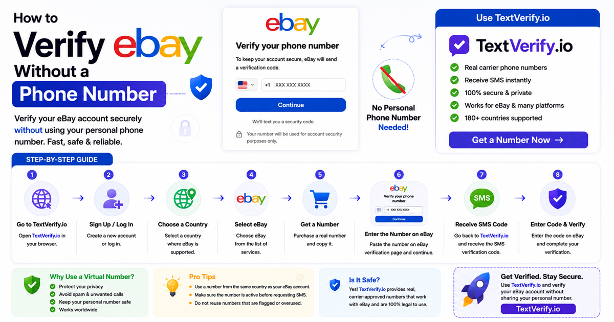 How to Verify eBay Without a Phone Number using a secure temporary SMS verification number from TextVerify.io.